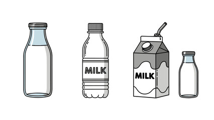 Minimalistic vector illustration showcasing diverse milk container types on a white background