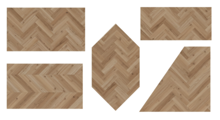 Assortment of geometric wood parquet samples with a classic herringbone pattern, isolated on a white background for design mockups
