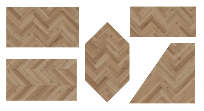 Assortment of geometric wood parquet samples with a classic herringbone pattern, isolated on a white background for design mockups