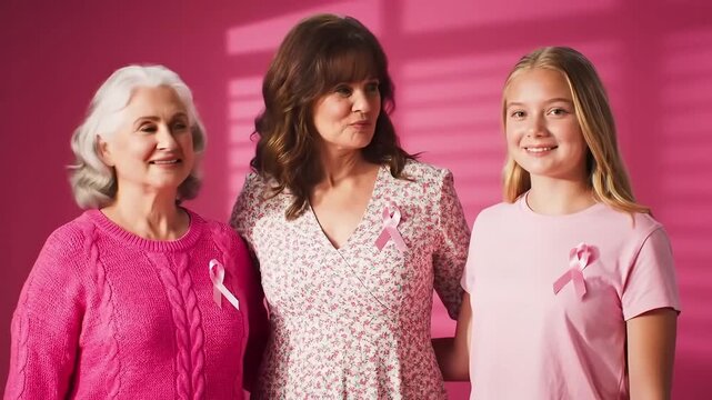 Three generations of women supporting breast cancer awareness with pink ribbons and pink background