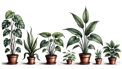 Potted Plants Illustration Green Leaves Natural Home Decor Style