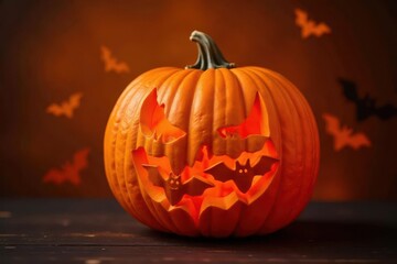 A carved pumpkin with bat-shaped cutouts, spooky Halloween decoration , creepy, pumpkin, orange