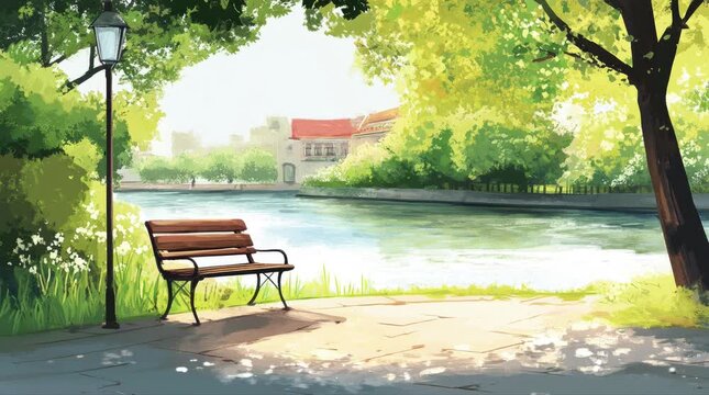 A view of a bench with a view of a canal. 4K animated video