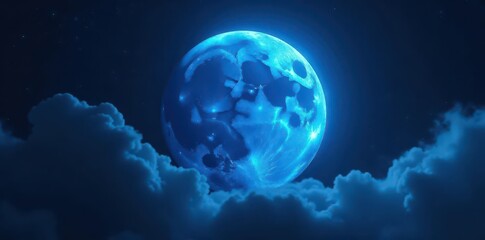 Obraz premium Celestial blue supermoon radiates ethereal blue halo against inky black , illustration, graphic