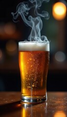 Cigarette smoke rising from beer glass on bar counter, smoke, condensation, vapor