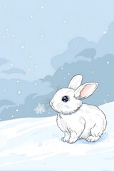 White rabbit sitting in a snowy landscape under a calm blue sky, illustrated in soft tones and ideal for children’s books or winter-themed stories