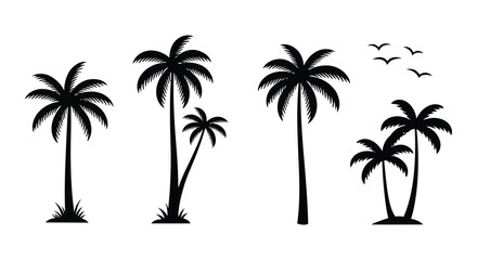 Palm Tree Silhouette Collection with Birds Flying Tropical Vector Illustration