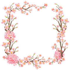 Square frame of watercolor Sakura branchlets and pink chrysanthemum flower heads. Pink flowers. Chinese New Year decoration. Floral clipart. Hand-drawn illustration for greeting cards, posters
