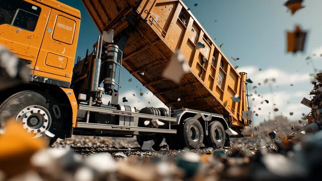 Garbage truck unloading debris and trash at waste center with flying refuse under clear blue sky, showcasing heavy duty orange vehicle for efficient recycling and waste management