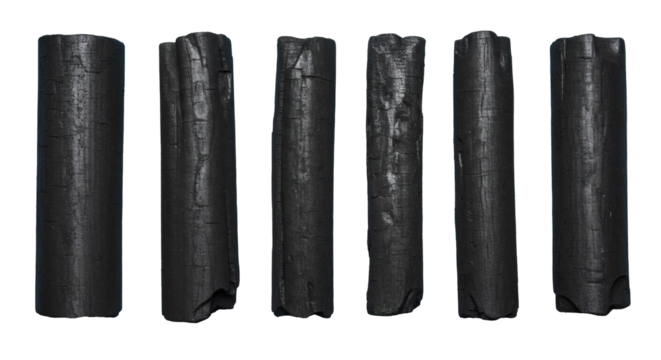 Row of six natural activated carbon sticks for sustainable water purification isolated on a white background.