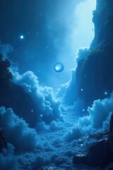 Glimmering blue spheres dancing within turbulent whirlpool of swirling mist and fog, swirling vortex, shimmering lights