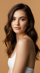 Naklejka premium Portrait of a Beautiful Woman with Brown Wavy Hair and Flawless Skin