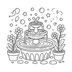 Elegant Garden Fountain Line Art with Floral Vines and Reeds – Perfect for Nature-Themed Coloring Pages and Decorative Design, Coloring Pages for Kids & Adults