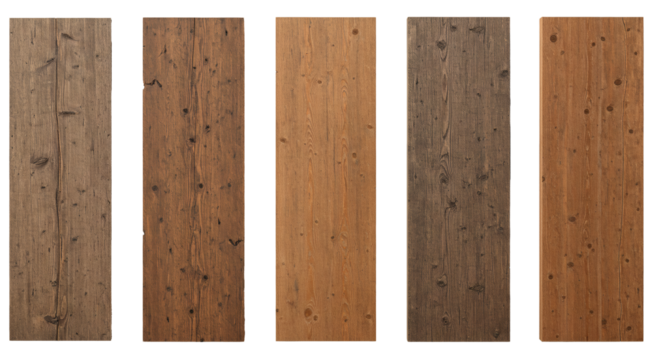Set of five rustic wooden planks with varying tones and textures, isolated on a white background.