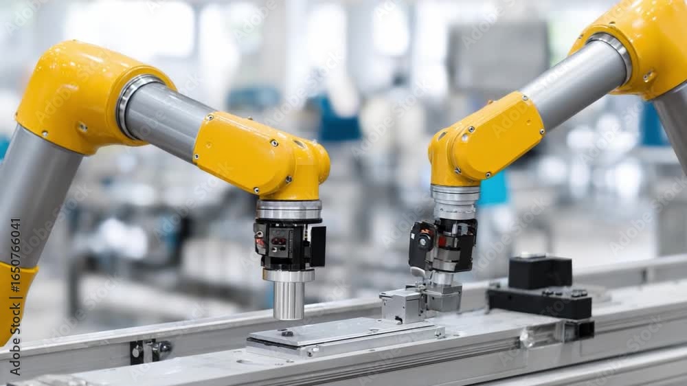 Poster precision engineering: two advanced robotic arms meticulously collaborating in a modern industrial s