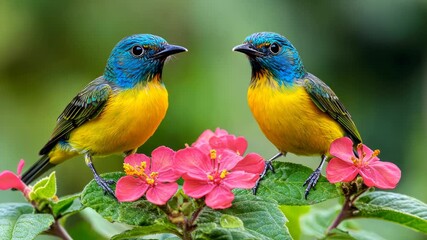 Two colorful birds on pink flowers, tropical garden, nature scene, for wallpaper or desktop background