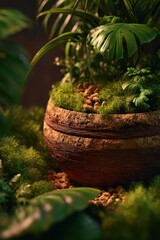 Lush Indoor Plant Arrangement in Rustic Textured Pot with Moss and Foliage in Soft Focus Lighting