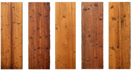 A curated set of five vertical timber boards showcasing the rich textures and diverse tones of natural wood for carpentry and design, isolated on a white background.
