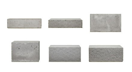 Collection of six rectangular concrete blocks on white. Industrial grey cement bricks from various angles for construction themes or as a minimalist pedestal, isolated on a white background.
