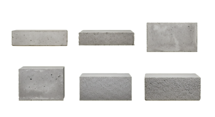 Collection of six rectangular concrete blocks on white. Industrial grey cement bricks from various angles for construction themes or as a minimalist pedestal, isolated on a white background.