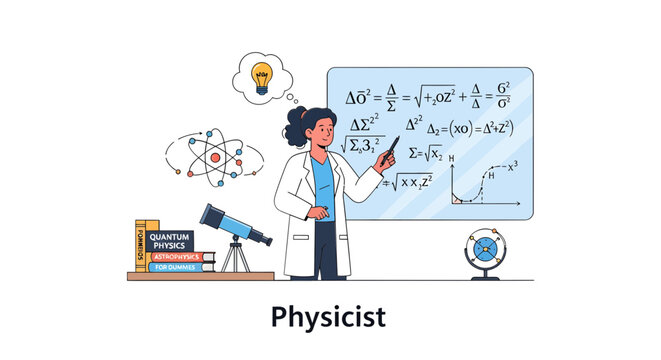 Dedicated female physicist analyzing complex equations on a whiteboard, surrounded by scientific instruments and books, symbolizing academic research and knowledge exploration.