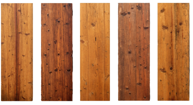 A curated set of five vertical timber boards showcasing the rich textures and diverse tones of natural wood for carpentry and design, isolated on a white background.