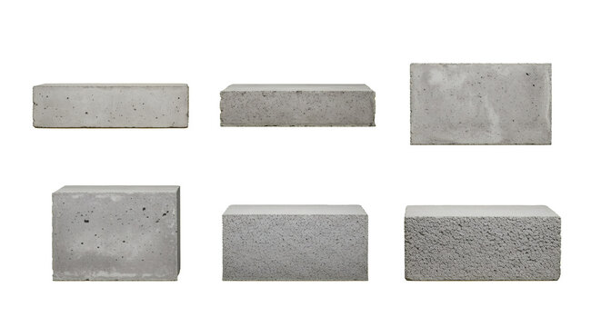 Collection of six rectangular concrete blocks on white. Industrial grey cement bricks from various angles for construction themes or as a minimalist pedestal, isolated on a white background.
