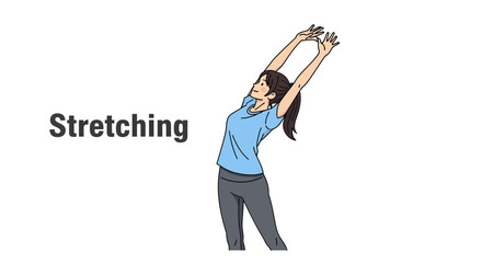 Obraz premium Active woman in sportswear stretching her body with arms raised. Health, exercise, and wellness concept. Simple flat vector illustration.