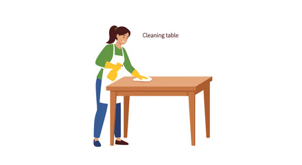 Illustration of a woman in an apron and gloves meticulously cleaning a wooden table, emphasizing cleanliness and a healthy home environment.