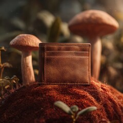 Rustic Leather Wallet on Mossy Forest Floor with Mushrooms in Warm Sunlight