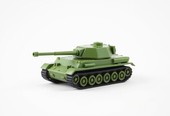 A miniature plastic toy tank, isolated on a pure white background,  army,  feature