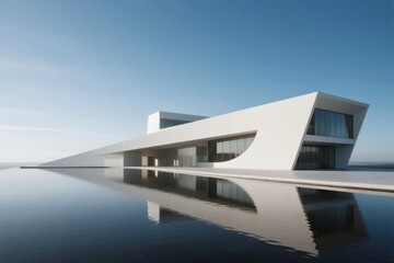 Modern Architectural Structure with Reflective Water Surrounding