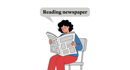 Woman Reads Newspaper Sitting on Chair, Cartoon Style, Flat Vector Illustration