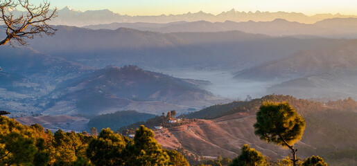 Misty morning in the Valley of Himalayan landscapes in Ranikhet and Almora, Uttarakhand, India