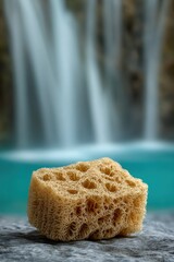 Natural Sea Sponge on Rock with Blurred Waterfall Background and Tranquil Turquoise Pool