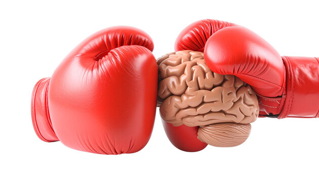 A realistic human brain model faces a red boxing glove, representing concepts of mental health challenges, cognitive stress, or intellectual conflict isolated on solid white background in Png