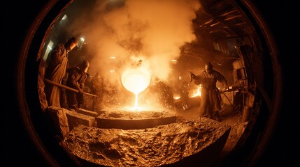Fisheye view inside an industrial setting; molten metal being poured, workers in protective gear