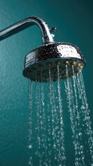 Shower head spraying water on teal wall (1)