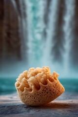 Natural Sea Sponge on Stone Surface with Soothing Waterfall in Soft Focus Background