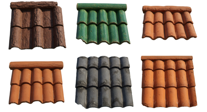 A collection of various colorful ceramic roof tiles isolated on a white background.