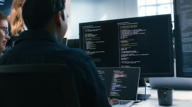 Two Software Developer, Programmer discussing, explaining to colleague working on code, application software development project using desktop computer, work together in co-working office space. - Powered by Adobe