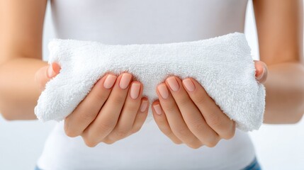 Delicate Touch: Close-up of a person's hands delicately holding a soft, white towel, highlighting the textures and comfort.
