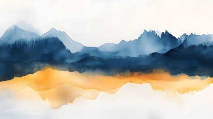 Abstract blue and orange watercolor background depicting a minimalist mountain landscape with a calm water reflection.
