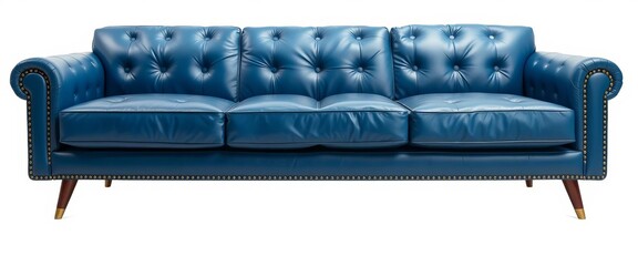 Classic blue leather sofa, pristine condition, isolated on white background, modern, upholstery