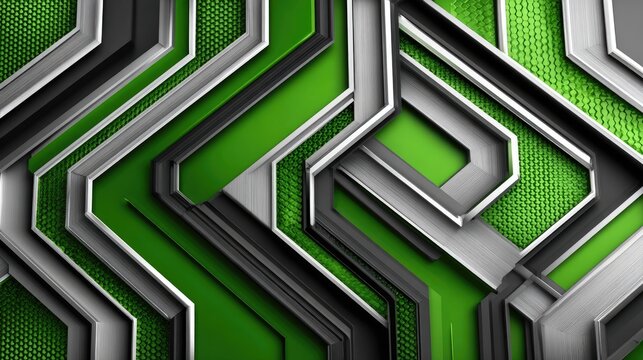 Abstract geometric pattern of interlocking metal shapes in green and grey