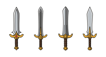 Four Unique Fantasy Swords with Gold Accents Isolated on White Background