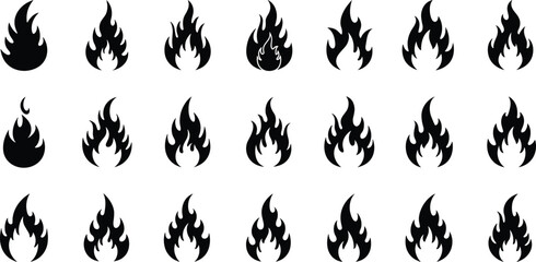 Black flame icons set, fire symbol collection, vector silhouette illustration, burning shapes, hot energy design elements, graphic fire clipart