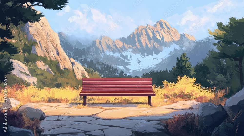 Wall mural a view of a bench with a view of mountains in the afternoon. 4k animated video