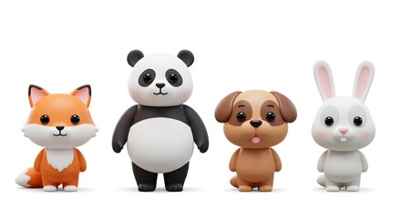 Adorable 3D Render of Fox, Panda, Puppy, and Bunny