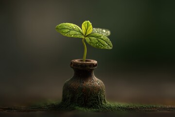 Vibrant Green Seedling Emerging from Rustic Bottle with Dew-Kissed Leaves in Soft Focus